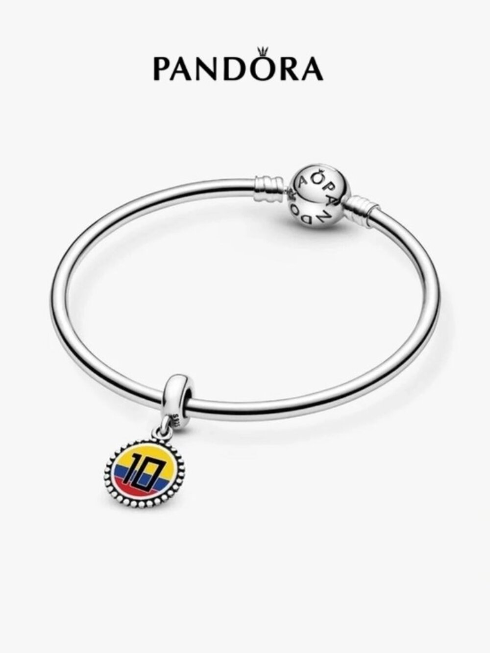 Pandora Sterling Silver Bracelet with Yellow, Blue and Red Number 10 Charm